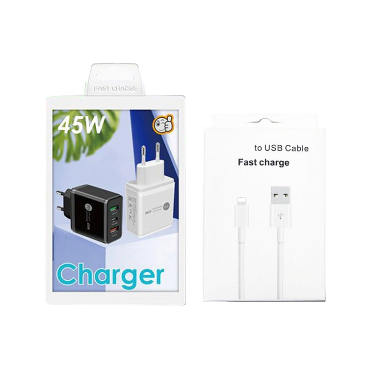 45W PD25W + 2 x QC3.0 USB Multi Port Charger with USB to 8 Pin Cable, EU Plug, EU Plug + USB to 8 Pin Cable